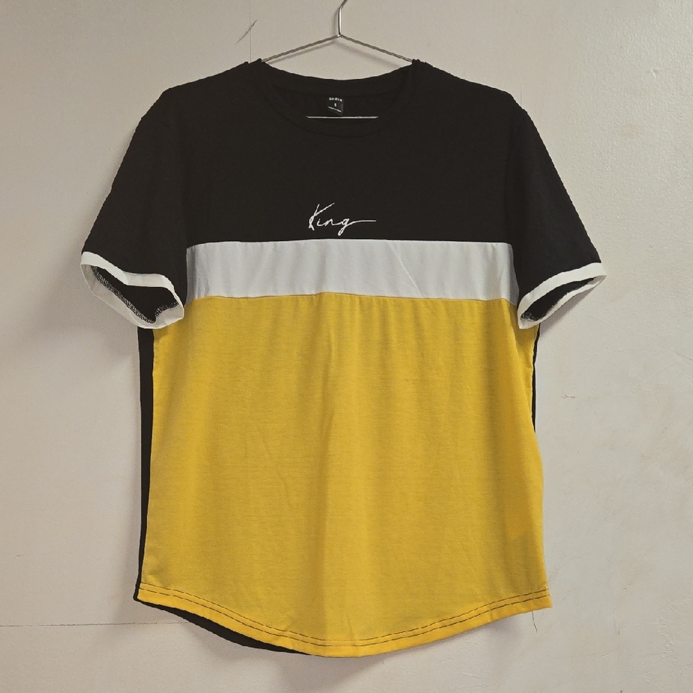 SHEIN Men's Black, White, and Yellow Color Block Tee